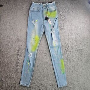 NWT - Red Fox Jeans Women Size 5 (24x30) High Waist‎ Stretch Paint Splatter NEW